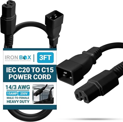 IronBox Electric - سلك طاقة IEC C20 إلى C15 - مُصنف لـ 15A / 250V - سترة 14/3 AWG - كابل طاقة ممتاز لمراكز البيانات - مثالي لتوصيل أجهزة الكمبيوتر والخوادم بوحدات PDU المثبتة على الحامل (10 أقدام) in Saudi Arabia