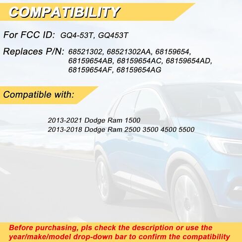 استبدال مجموعة مفاتيح Vurkcy Key Fob لـ 2013-2021 دودج رام 1500/13-18 رام 2500 3500 4500 5500 جهاز تحكم عن بعد للدخول بدون مفتاح للسيارة، GQ4-53T، 4 أزرار in Kuwait