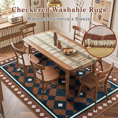 Boho Checkered Rug Runners for Hallway 2x6Ft Non Slip, Geometric Washable Kitchen Runner Rugs, Low Pile Plaid Bedroom Floor Throw Carpets for Entryway Laundry Bathroom, Brown/Navy in Saudi Arabia