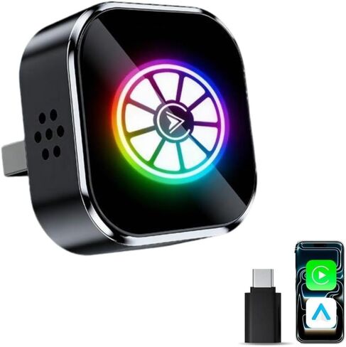 محول CarPlay اللاسلكي ذو الإضاءة الملونة المحدثة لعام 2026، اتصال مستقر، بدون تأخير، متوافق مع iPhone iOS 10 وAndroid 11 وما فوق، يدعم تبديل الهواتف المحمولة بنقرة واحدة (أسود) in Kuwait