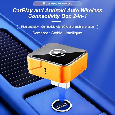 محول CarPlay اللاسلكي، 2026 تمت ترقيته سلكيًا إلى لاسلكي لـ Apple CarPlay وAndroid Auto، USB-C/Type-C، محول تشغيل السيارة، التوصيل والتشغيل، اتصال ثابت وبدون زمن الوصول (برتقالي) in Kuwait