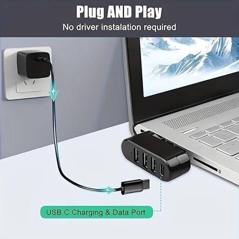 موزع USB 3.0 ذو 4 منافذ بتصميم قابل للدوران (90 درجة/180 درجة) ومنفذ USB-C PD، ومقسم USB عالي السرعة لأجهزة الكمبيوتر المحمول والكمبيوتر الشخصي والسيارة والمزيد in Kuwait