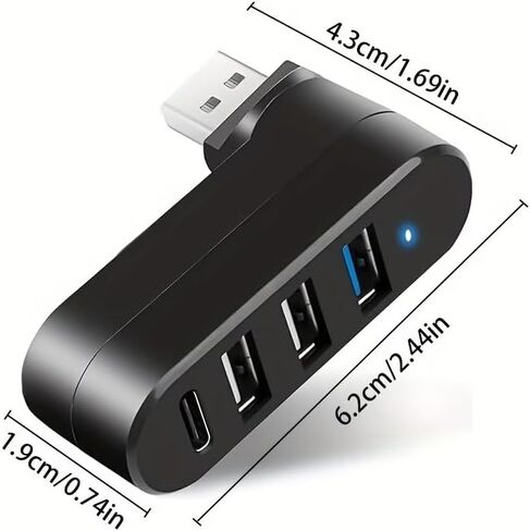موزع USB 3.0 ذو 4 منافذ بتصميم قابل للدوران (90 درجة/180 درجة) ومنفذ USB-C PD، ومقسم USB عالي السرعة لأجهزة الكمبيوتر المحمول والكمبيوتر الشخصي والسيارة والمزيد in Kuwait