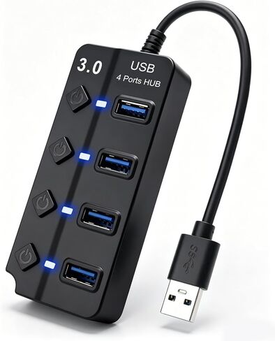 4-Port USB 3.0 Hub with Independent Power Switch and 5V/2A DC Charging Adapter, Led Indicator, 1-to-4 USB-Adapter, Supports OTG and Data Transfer in Kuwait