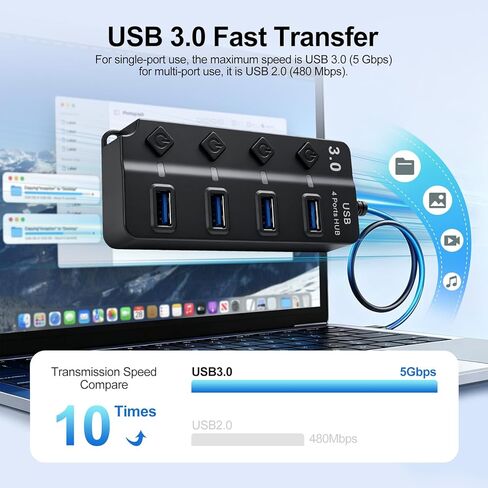 4-Port USB 3.0 Hub with Independent Power Switch and 5V/2A DC Charging Adapter, Led Indicator, 1-to-4 USB-Adapter, Supports OTG and Data Transfer in Kuwait