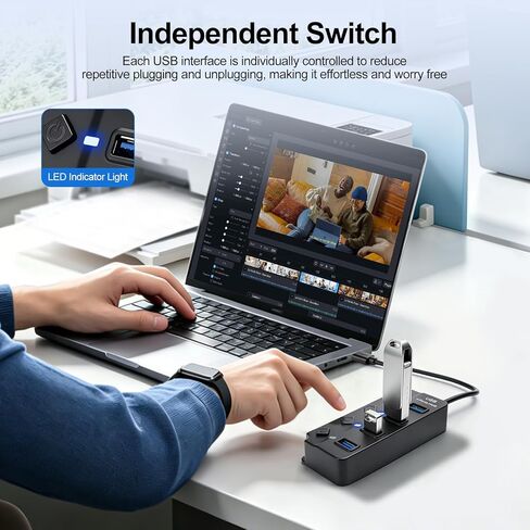 4-Port USB 3.0 Hub with Independent Power Switch and 5V/2A DC Charging Adapter, Led Indicator, 1-to-4 USB-Adapter, Supports OTG and Data Transfer in Kuwait