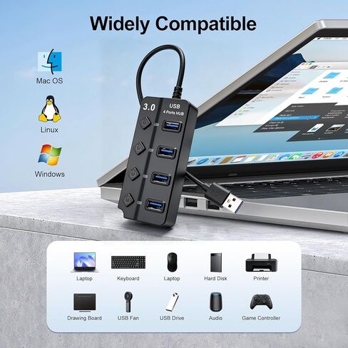 4-Port USB 3.0 Hub with Independent Power Switch and 5V/2A DC Charging Adapter, Led Indicator, 1-to-4 USB-Adapter, Supports OTG and Data Transfer in Kuwait