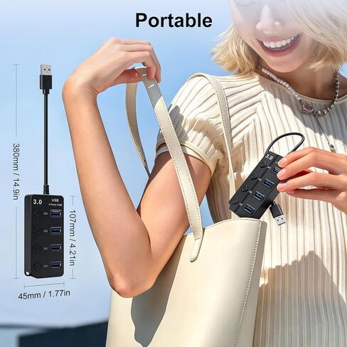 4-Port USB 3.0 Hub with Independent Power Switch and 5V/2A DC Charging Adapter, Led Indicator, 1-to-4 USB-Adapter, Supports OTG and Data Transfer in Kuwait