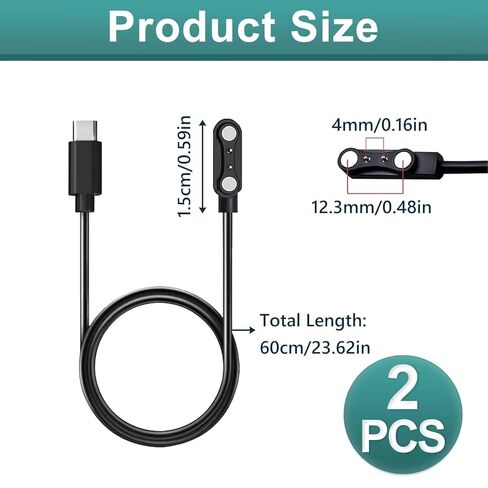 قطعتان من شاحن الساعات الذكية USB C، كابل شحن مغناطيسي للساعة الذكية 2 دبوس 4 مم، سلك شحن بديل للساعة الذكية ومتتبع اللياقة البدنية، امتصاص مغناطيسي قوي، شحن سريع وآمن in Kuwait