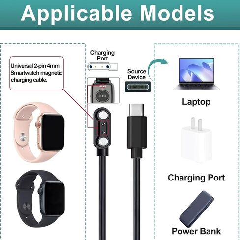 قطعتان من شاحن الساعات الذكية USB C، كابل شحن مغناطيسي للساعة الذكية 2 دبوس 4 مم، سلك شحن بديل للساعة الذكية ومتتبع اللياقة البدنية، امتصاص مغناطيسي قوي، شحن سريع وآمن in Kuwait