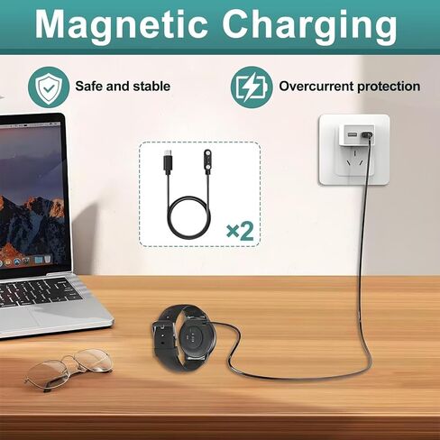 قطعتان من شاحن الساعات الذكية USB C، كابل شحن مغناطيسي للساعة الذكية 2 دبوس 4 مم، سلك شحن بديل للساعة الذكية ومتتبع اللياقة البدنية، امتصاص مغناطيسي قوي، شحن سريع وآمن in Kuwait