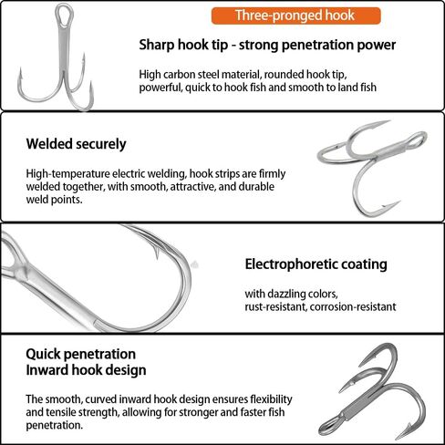 10 Pack Fishing Treble Hooks Kit High Carbon Steel Hooks Strong Sharp Round Bend with Split Rings for Lures Baits Saltwater Freshwater Fishing Size 10# in Kuwait