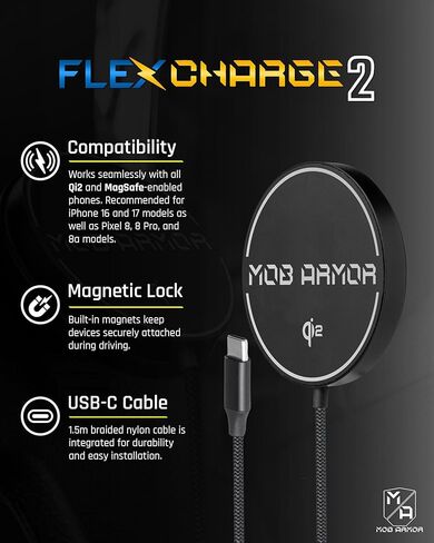 شاحن Mob Armor Flex Charge 2 اللاسلكي المغناطيسي - شاحن سريع متوافق مع Qi2 وMagSafe بقدرة 15 وات مع لوحة مرنة، ومنفذ USB-C، وحامل مغناطيسي قوي للسيارات والشاحنات والمحلات التجارية وصالات الألعاب الرياضية والشحن اليومي in Kuwait