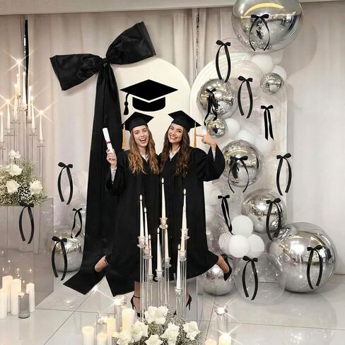 17 Pcs 2026 Large Black Bow Graduation Porch Decoration Include 75 x 30 Inch Giant Bow 16 Pcs Small Bows Graduation Hanging Wall Backdrop Decor for School College Class of 2026 Graduate Party Supplies in Kuwait