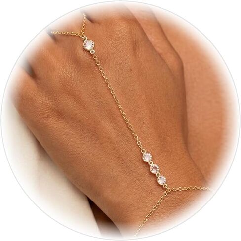 14K Gold Hand Chain Bracelet for Women Trendy Gold Plated Finger Ring Bracelet Adjustable Link Hand Chain Bracelets CZ Bead Link Bracelet Jewelry in Saudi Arabia