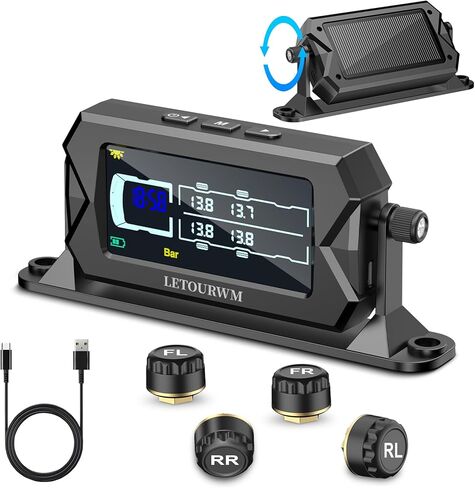 نظام مراقبة ضغط الإطارات RV 6 مستشعرات TPMs ، رقاقة 3-في 1 ، 9.9 بار 144 PSI ، نطاق 100 قدم ، LCD مشرق من 3 مستويات مع عرض الوقت ، شحن Type-C & Solar ، 7 تنبيهات لمقطورة شاحنة RV in Saudi Arabia