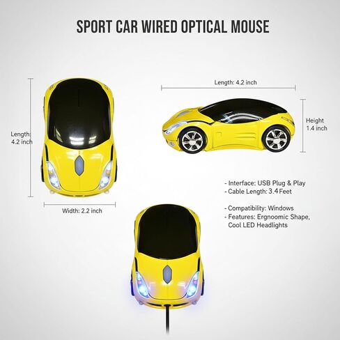Small Cool Sports Car USB Wired Optical Mouse,1200DPI 2 Headlights,Plug and Play Corded Computer Mouse for Laptop or Office Desktop,Office Home School Gift (Yellow) in Kuwait