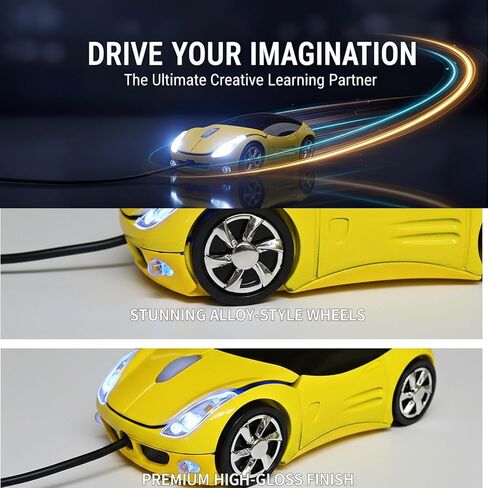 Small Cool Sports Car USB Wired Optical Mouse,1200DPI 2 Headlights,Plug and Play Corded Computer Mouse for Laptop or Office Desktop,Office Home School Gift (Yellow) in Kuwait