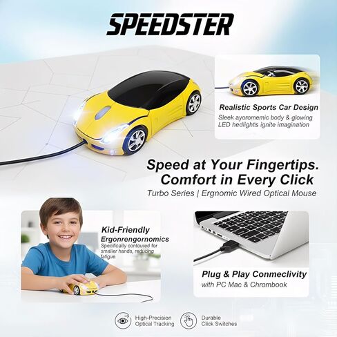 Small Cool Sports Car USB Wired Optical Mouse,1200DPI 2 Headlights,Plug and Play Corded Computer Mouse for Laptop or Office Desktop,Office Home School Gift (Yellow) in Kuwait