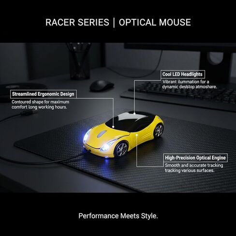 Small Cool Sports Car USB Wired Optical Mouse,1200DPI 2 Headlights,Plug and Play Corded Computer Mouse for Laptop or Office Desktop,Office Home School Gift (Yellow) in Kuwait