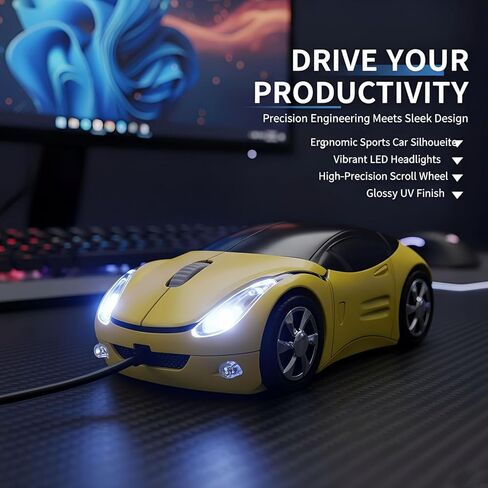 Small Cool Sports Car USB Wired Optical Mouse,1200DPI 2 Headlights,Plug and Play Corded Computer Mouse for Laptop or Office Desktop,Office Home School Gift (Yellow) in Kuwait