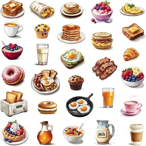 McEtt Breakfast Food Sticker Sheets – Aesthetic Illustrated Breakfast & Brunch Food Stickers – 5 Sheet Pack (145 Pieces) in Kuwait