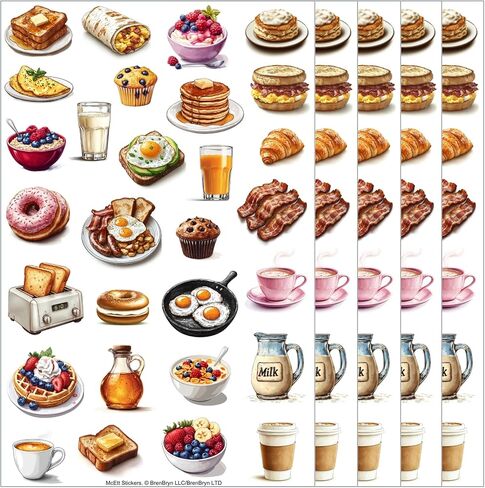 McEtt Breakfast Food Sticker Sheets – Aesthetic Illustrated Breakfast & Brunch Food Stickers – 5 Sheet Pack (145 Pieces) in Kuwait