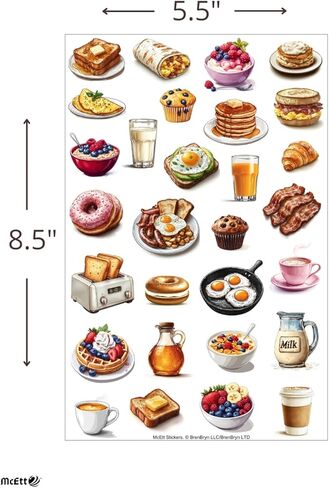 McEtt Breakfast Food Sticker Sheets – Aesthetic Illustrated Breakfast & Brunch Food Stickers – 5 Sheet Pack (145 Pieces) in Kuwait