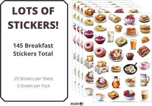 McEtt Breakfast Food Sticker Sheets – Aesthetic Illustrated Breakfast & Brunch Food Stickers – 5 Sheet Pack (145 Pieces) in Kuwait