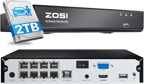 ZOSI 4K 8CH PoE NVR System (16CH Expandable) with 2TB HDD for 24/7 Record, Playback, Remote Access, AI Motion Detection, H.265+ 8 Channel PoE Network Video Recorder only Work with Our PoE IP Cameras in Kuwait