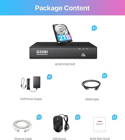 ZOSI 4K 8CH PoE NVR System (16CH Expandable) with 2TB HDD for 24/7 Record, Playback, Remote Access, AI Motion Detection, H.265+ 8 Channel PoE Network Video Recorder only Work with Our PoE IP Cameras in Kuwait
