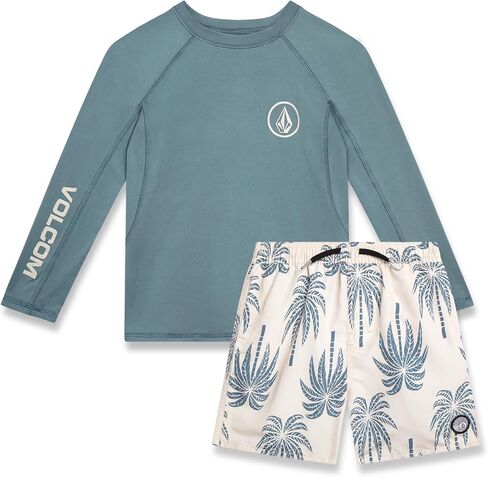مجموعة Volcom للحماية من الطفح الجلدي للأولاد - قطعتين قميص سباحة بأكمام طويلة بعامل حماية من الأشعة فوق البنفسجية 50+ وسروال بدلة استحمام - مجموعة ملابس سباحة للأولاد (2T-7) in Kuwait