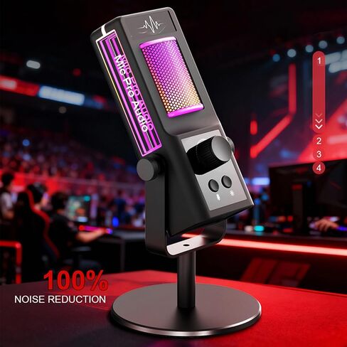 Condenser Microphone, USB Gaming RGB Mic with Stand Type C Interface Plug and Play Noise Reduction for PC Live Streaming Recording Karaoke in Kuwait