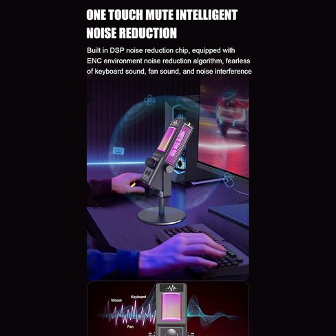 Condenser Microphone, USB Gaming RGB Mic with Stand Type C Interface Plug and Play Noise Reduction for PC Live Streaming Recording Karaoke in Kuwait
