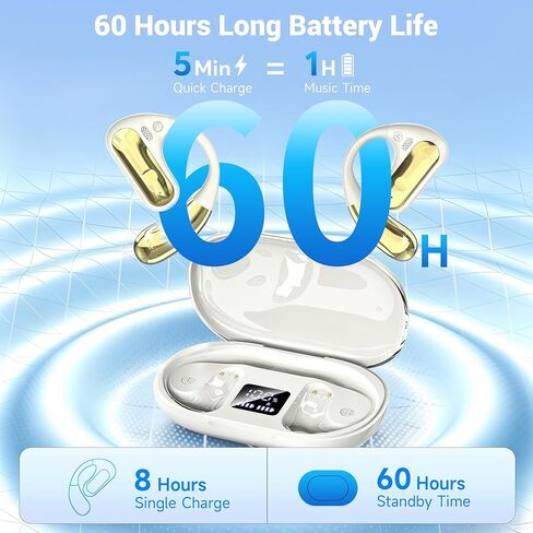 Open Ear Headphones, Bluetooth 5.4 Wireless Earbuds with Ear Hooks, 60H Playtime, AI Clear Call, LED Display Charging Case, IPX7 Waterproof Sports Earphones for Running Workouts Commute, White in Kuwait