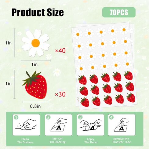 70PCS Daisy & Strawberry Glossy Decal Stickers, Cute Spring Floral Aesthetic Stickers for Journals, Scrapbooks, Water Bottles & Phone Cases for Aesthetic Girls 1inch in Kuwait