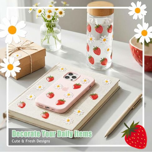 70PCS Daisy & Strawberry Glossy Decal Stickers, Cute Spring Floral Aesthetic Stickers for Journals, Scrapbooks, Water Bottles & Phone Cases for Aesthetic Girls 1inch in Kuwait