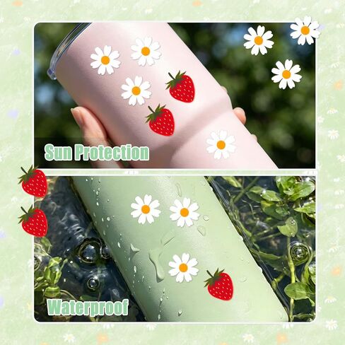 70PCS Daisy & Strawberry Glossy Decal Stickers, Cute Spring Floral Aesthetic Stickers for Journals, Scrapbooks, Water Bottles & Phone Cases for Aesthetic Girls 1inch in Kuwait