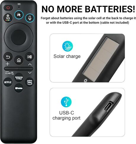 New BN59-01480A TM2360E Solar Smart AI Voice Remote, Rechargeable Solar Cell & USB-C Charging Bluetooth Remote Control, Compatible with Samsung 2023-2025 Neo QLED/OLED Smart TVs - Black in Kuwait