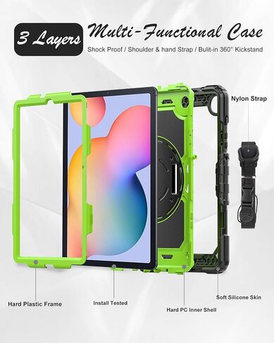 Samsung Galaxy Tab S6 Lite Tablet Case 10.4 inch 2022/2020 [with Tempered Glass Screen Protector], BASE MALL Heavy Duty Shockproof Case, Rotatable Kickstand, S Pen Holder, Hand/Shoulder Strap (Black) in Saudi Arabia