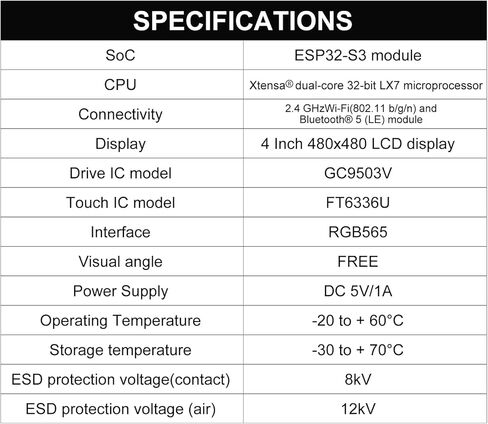 AITRIP ESP32-S3 4 بوصة LCD تعمل باللمس عرض 480x480 RS485 /SHT20 مجلس التنمية لاردوينو in Kuwait