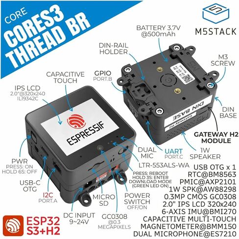 جهاز توجيه M5Stack Thread Border، 2.4 جيجا هرتز Wi-Fi، IEEE 802.15.4، ESP32-S3 ثنائي النواة 240 ميجا هرتز، K149، شاشة LCD تعمل باللمس 2 بوصة، بطارية مدمجة 500 مللي أمبير في الساعة، 2X HY2.-4P، DC 9V-24V، سكة DIN، مكبرات صوت، ميكروفون وكاميرا in Kuwait