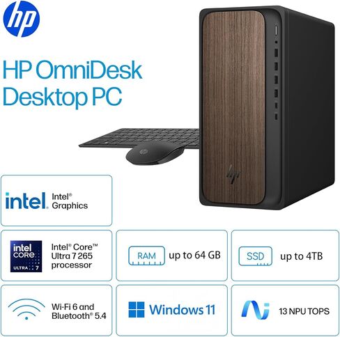 الكمبيوتر المكتبي HP OmniDesk Tower | وحدة المعالجة المركزية Intel Core Ultra 7 265 ذات 20 نواة | ذاكرة 16 جيجابايت، 1 تيرابايت SSD | واي فاي 6، بلوتوث 5.4 | كمبيوتر AI مع تسريع NPU | لوحة مفاتيح وماوس لاسلكي، ويندوز 11، خشب داكن in Kuwait