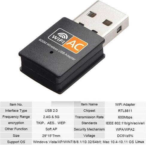 Dual Band 600Mbps Wireless-AC USB Mini Nano WiFi Adapter for PC Desktop, USB 2.0 in Kuwait