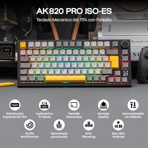 EPOMAKER Ajazz AK820 PRO ISO-ES لوحة مفاتيح ميكانيكية لاسلكية مع Pantalla & Perilla، 2.4G/BT/USB، RGB، برامج مخصصة، لوحة ألعاب Teclado de 75% Distribución Española للكمبيوتر الشخصي/Mac (أسود) in Kuwait