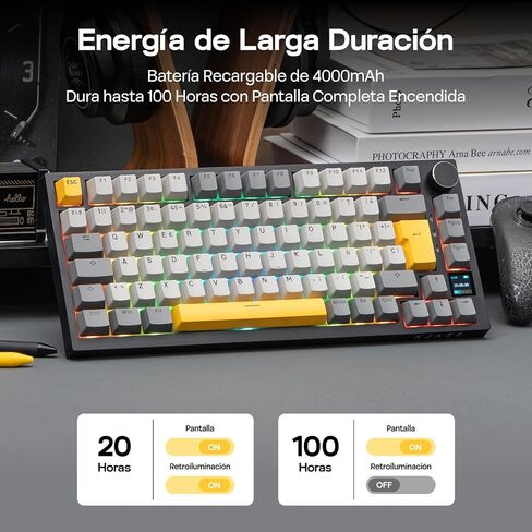 EPOMAKER Ajazz AK820 PRO ISO-ES لوحة مفاتيح ميكانيكية لاسلكية مع Pantalla & Perilla، 2.4G/BT/USB، RGB، برامج مخصصة، لوحة ألعاب Teclado de 75% Distribución Española للكمبيوتر الشخصي/Mac (أسود) in Kuwait