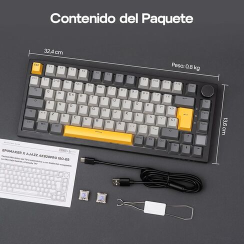 EPOMAKER Ajazz AK820 PRO ISO-ES لوحة مفاتيح ميكانيكية لاسلكية مع Pantalla & Perilla، 2.4G/BT/USB، RGB، برامج مخصصة، لوحة ألعاب Teclado de 75% Distribución Española للكمبيوتر الشخصي/Mac (أسود) in Kuwait