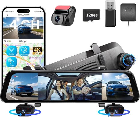 12" 4K Mirror Dash Cam with STARVIS 2 Sensor,View Rear Mirror Camera Fron and Rear Inside,Built-in 5.8G WiFi GPS, APP Control,Back up Camera for Cars,8 IR Night Vision Free 128G in Kuwait