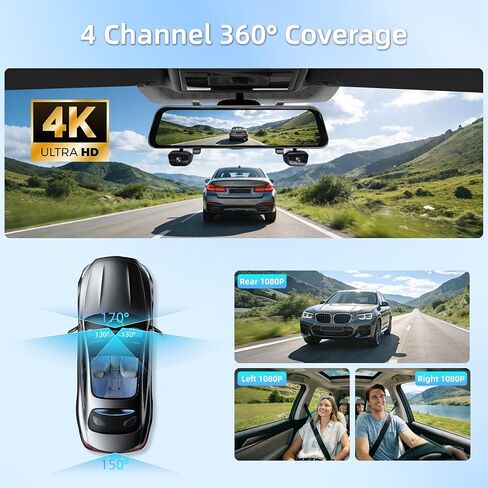 12" 4K Mirror Dash Cam with STARVIS 2 Sensor,View Rear Mirror Camera Fron and Rear Inside,Built-in 5.8G WiFi GPS, APP Control,Back up Camera for Cars,8 IR Night Vision Free 128G in Kuwait