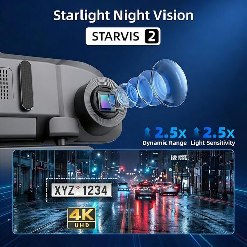 12" 4K Mirror Dash Cam with STARVIS 2 Sensor,View Rear Mirror Camera Fron and Rear Inside,Built-in 5.8G WiFi GPS, APP Control,Back up Camera for Cars,8 IR Night Vision Free 128G in Kuwait
